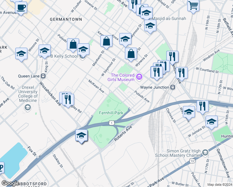 map of restaurants, bars, coffee shops, grocery stores, and more near 4651 Morris Street in Philadelphia