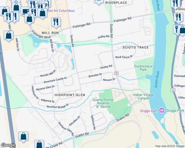 map of restaurants, bars, coffee shops, grocery stores, and more near 3314 Marla Drive in Columbus