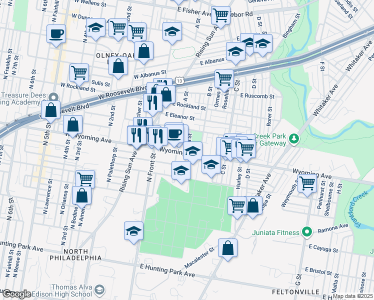 map of restaurants, bars, coffee shops, grocery stores, and more near 219 East Wyoming Avenue in Philadelphia