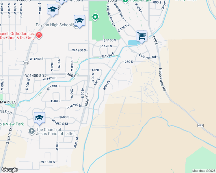 map of restaurants, bars, coffee shops, grocery stores, and more near 1407 Riley Drive in Payson