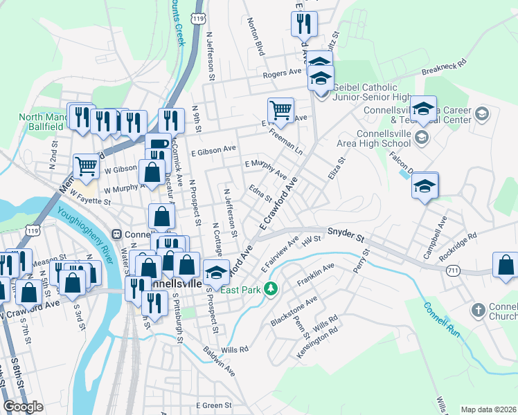 map of restaurants, bars, coffee shops, grocery stores, and more near 602 E Fayette St in Connellsville
