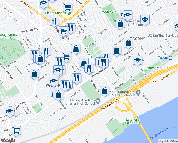 map of restaurants, bars, coffee shops, grocery stores, and more near 6316 Marsden Street in Philadelphia