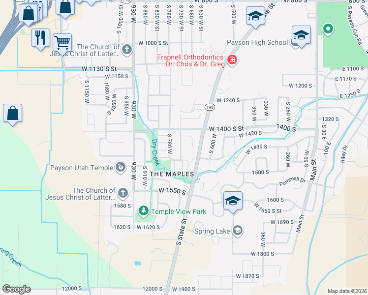 map of restaurants, bars, coffee shops, grocery stores, and more near 1435 South 730 West Street in Payson