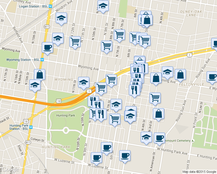 map of restaurants, bars, coffee shops, grocery stores, and more near 712 West Courtland Street in Philadelphia
