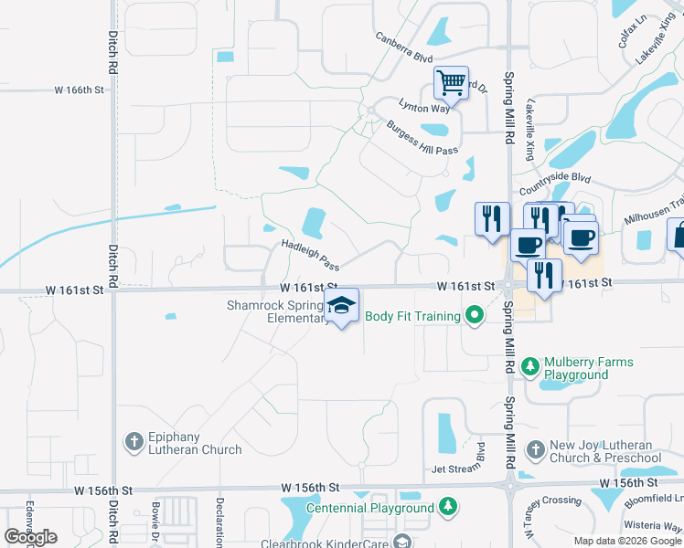 map of restaurants, bars, coffee shops, grocery stores, and more near 835 Hadleigh Pass in Westfield