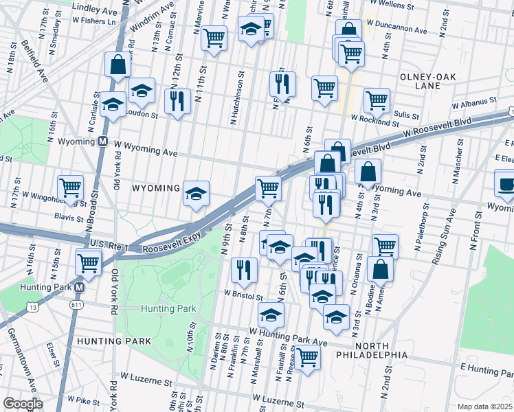map of restaurants, bars, coffee shops, grocery stores, and more near 722 West Roosevelt Boulevard in Philadelphia