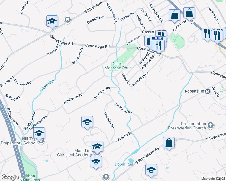 map of restaurants, bars, coffee shops, grocery stores, and more near 369 Yorkshire Road in Bryn Mawr
