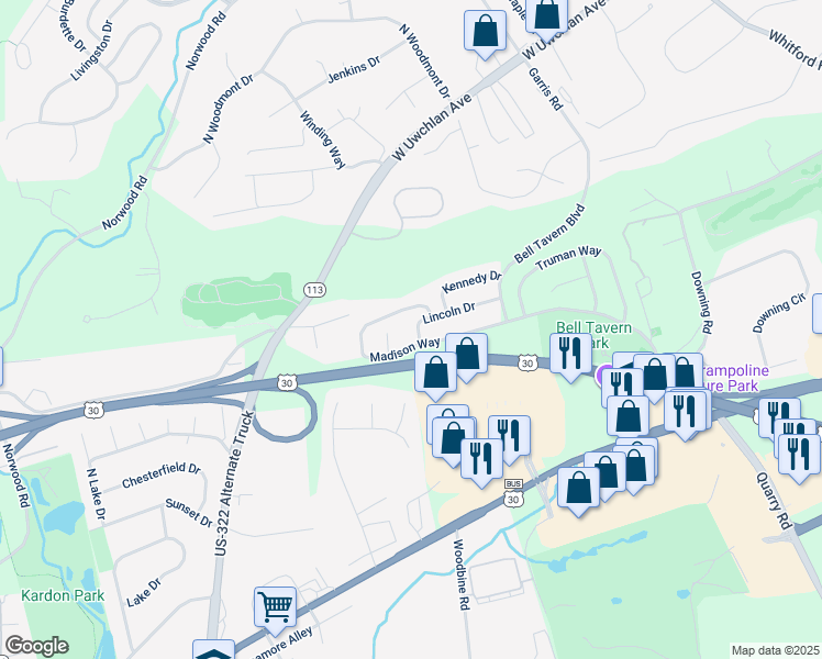 map of restaurants, bars, coffee shops, grocery stores, and more near 52 Lincoln Drive in Downingtown