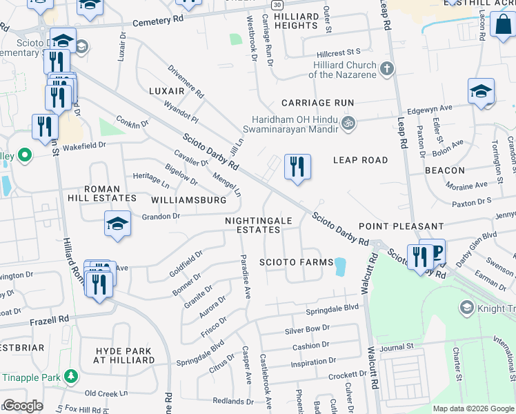 map of restaurants, bars, coffee shops, grocery stores, and more near 3395 Reed Point Drive in Hilliard