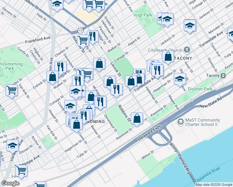 map of restaurants, bars, coffee shops, grocery stores, and more near 6312 Marsden Street in Philadelphia