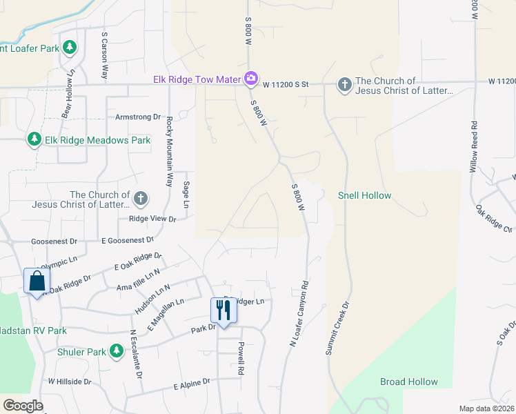 map of restaurants, bars, coffee shops, grocery stores, and more near 844 North Emery Lane in Elk Ridge
