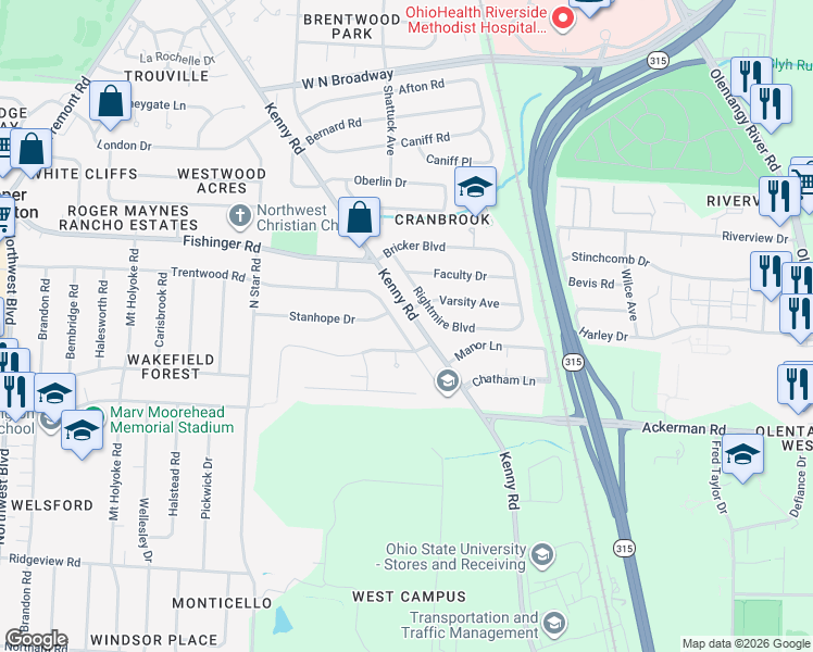 map of restaurants, bars, coffee shops, grocery stores, and more near 3066 Trentwood Road in Columbus