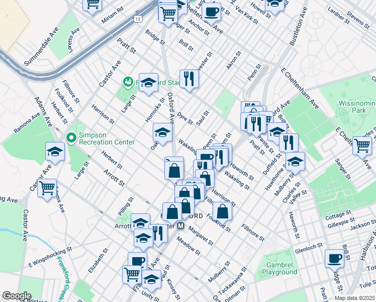 map of restaurants, bars, coffee shops, grocery stores, and more near 1322 Wakeling Street in Philadelphia