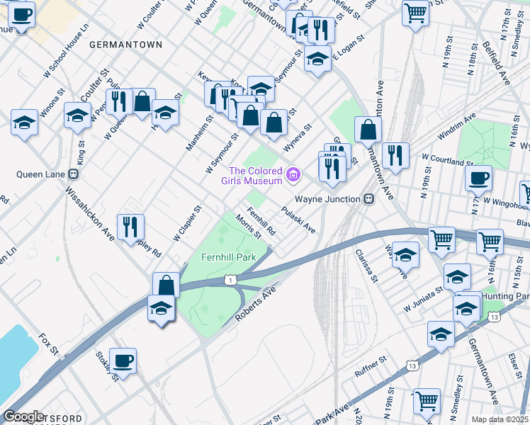 map of restaurants, bars, coffee shops, grocery stores, and more near 4622R Pulaski Avenue in Philadelphia