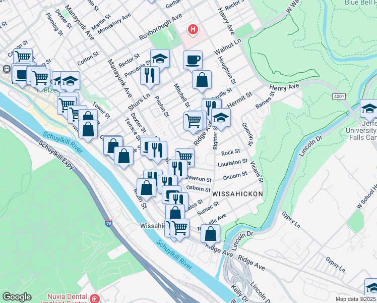 map of restaurants, bars, coffee shops, grocery stores, and more near 5332 Ridge Avenue in Philadelphia