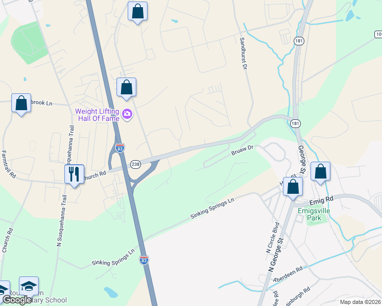 map of restaurants, bars, coffee shops, grocery stores, and more near 220 Church Road in York