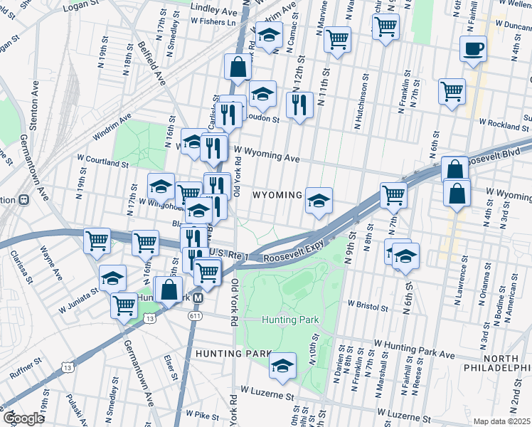 map of restaurants, bars, coffee shops, grocery stores, and more near 4513 N Camac St in Philadelphia