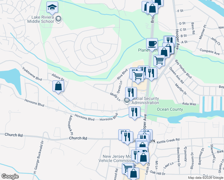 map of restaurants, bars, coffee shops, grocery stores, and more near 3 Joseph Way in Brick Township