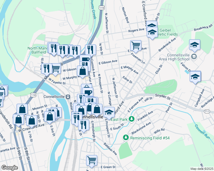 map of restaurants, bars, coffee shops, grocery stores, and more near 311 East Fayette Street in Connellsville