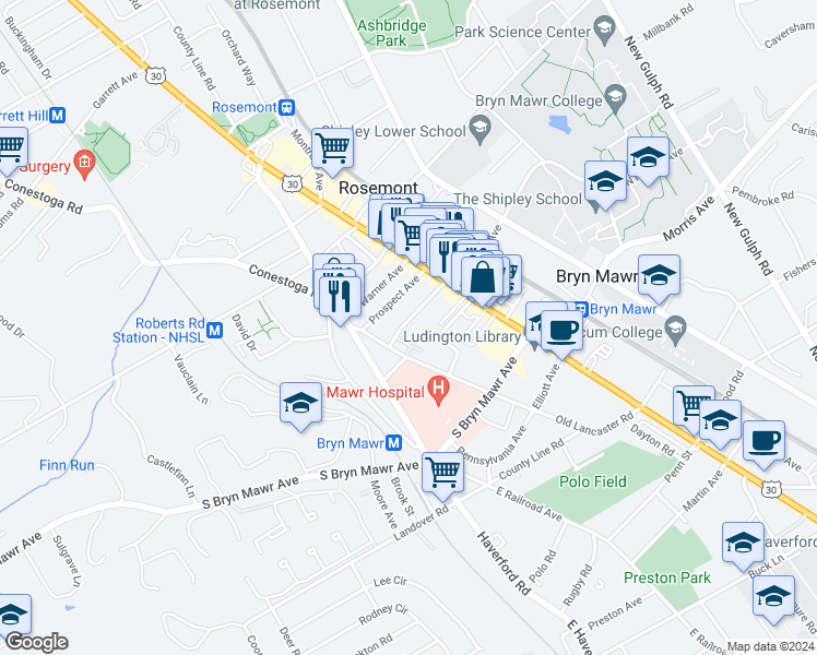 map of restaurants, bars, coffee shops, grocery stores, and more near 47 South Merion Avenue in Bryn Mawr