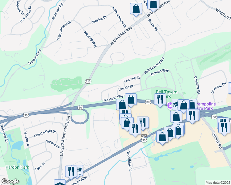 map of restaurants, bars, coffee shops, grocery stores, and more near 52 Lincoln Drive in Downingtown