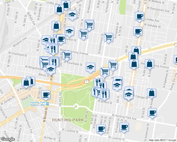 map of restaurants, bars, coffee shops, grocery stores, and more near 4537 North Warnock Street in Philadelphia