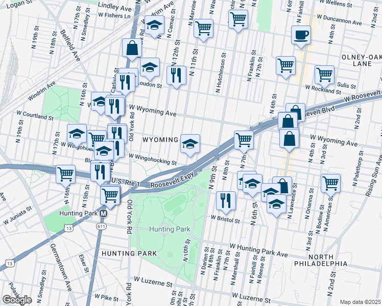 map of restaurants, bars, coffee shops, grocery stores, and more near 4537 North Warnock Street in Philadelphia