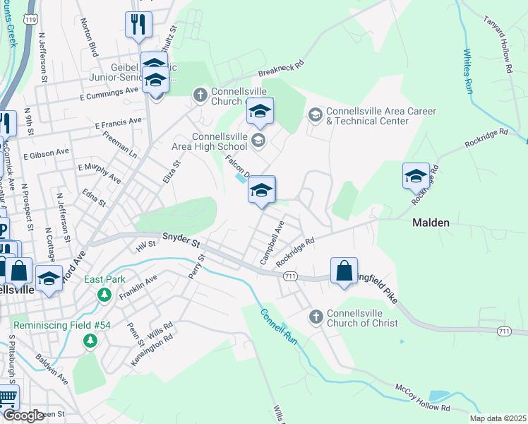 map of restaurants, bars, coffee shops, grocery stores, and more near 720 Locust Street in Connellsville