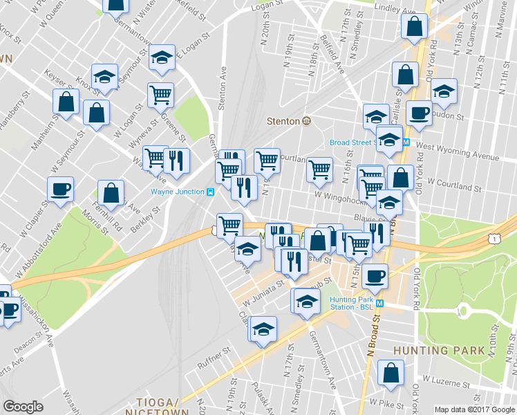 map of restaurants, bars, coffee shops, grocery stores, and more near 4414 North 19th Street in Philadelphia