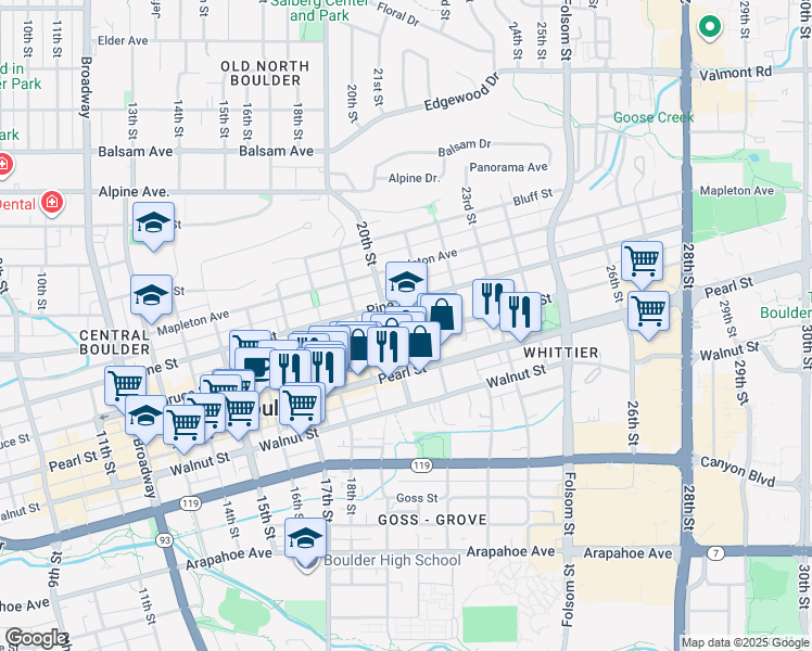map of restaurants, bars, coffee shops, grocery stores, and more near 2008 Pine Street in Boulder