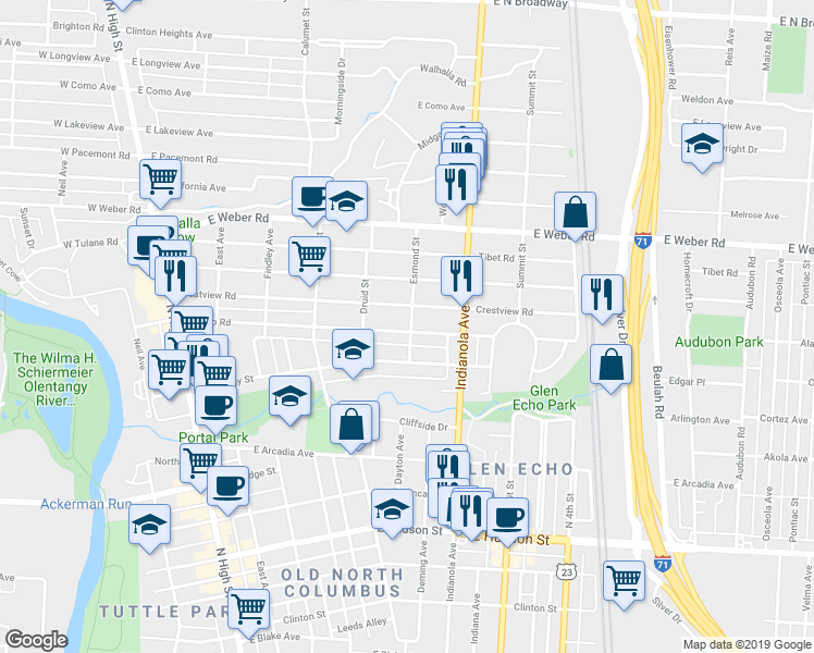 map of restaurants, bars, coffee shops, grocery stores, and more near 326 East Kelso Road in Columbus