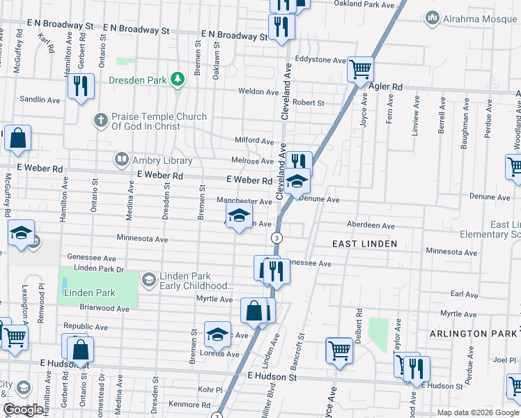 map of restaurants, bars, coffee shops, grocery stores, and more near 1677 Manchester Avenue in Columbus