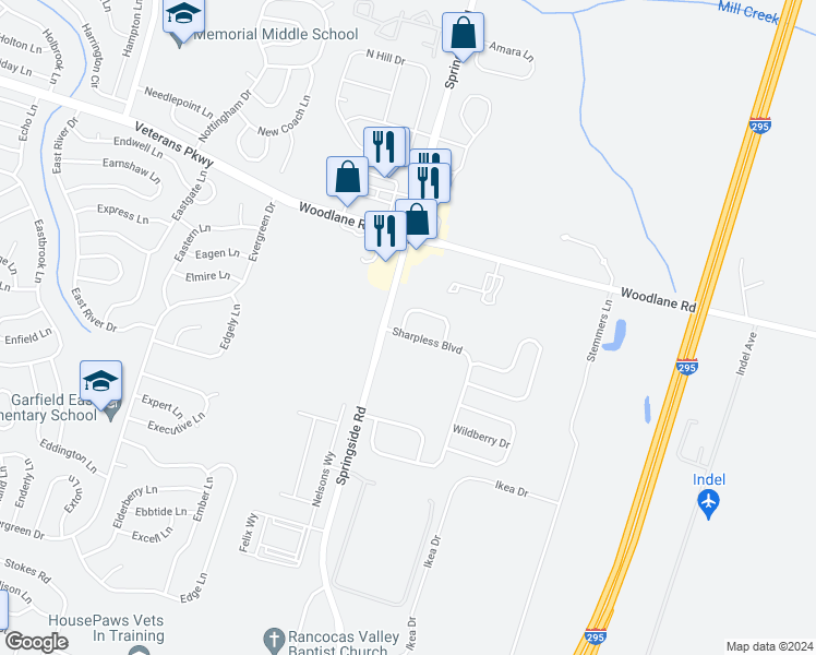 map of restaurants, bars, coffee shops, grocery stores, and more near 15 Sharpless Boulevard in Westampton