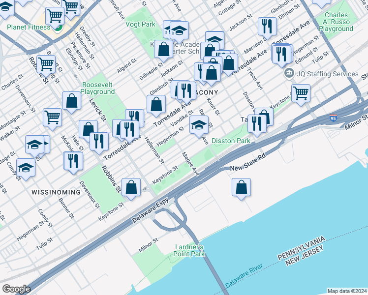 map of restaurants, bars, coffee shops, grocery stores, and more near 6604 Tulip Street in Philadelphia