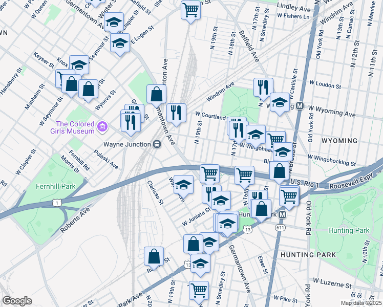 map of restaurants, bars, coffee shops, grocery stores, and more near 4414 North 19th Street in Philadelphia