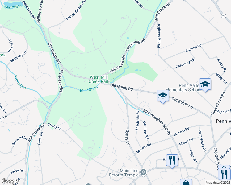 map of restaurants, bars, coffee shops, grocery stores, and more near 100 McClenaghan Mill Road in Wynnewood