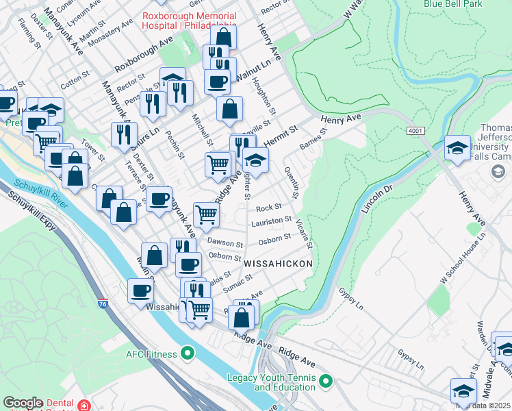 map of restaurants, bars, coffee shops, grocery stores, and more near 203 Rock Street in Philadelphia