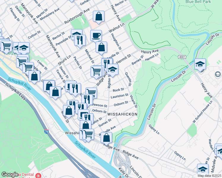 map of restaurants, bars, coffee shops, grocery stores, and more near 203 Rock Street in Philadelphia