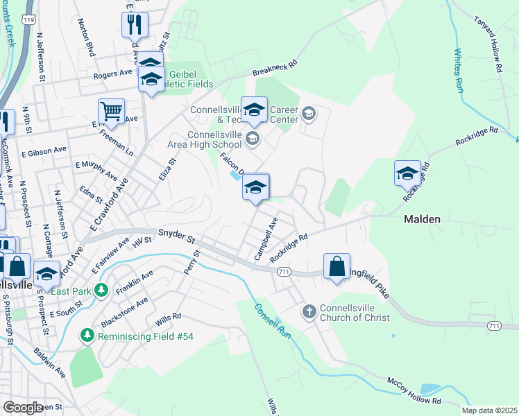 map of restaurants, bars, coffee shops, grocery stores, and more near 720 Locust Street in Connellsville