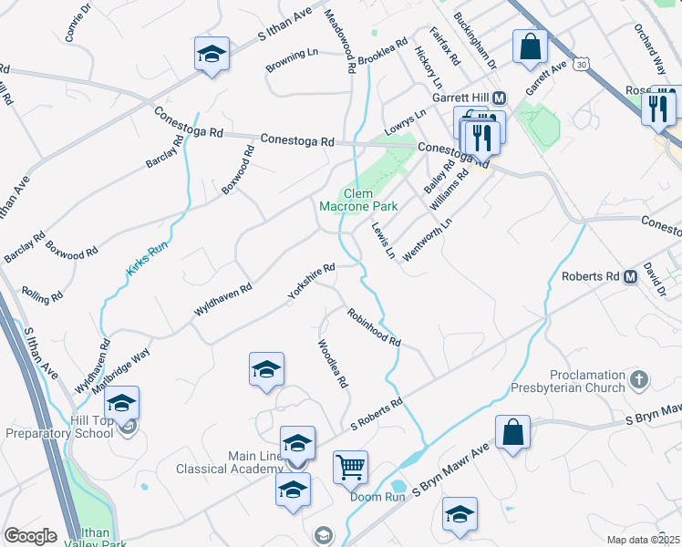 map of restaurants, bars, coffee shops, grocery stores, and more near 369 Yorkshire Road in Bryn Mawr