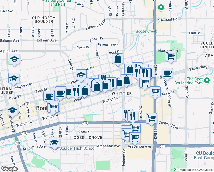 map of restaurants, bars, coffee shops, grocery stores, and more near 2070 23rd Street in Boulder