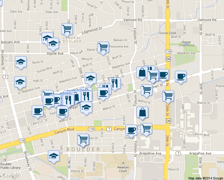 map of restaurants, bars, coffee shops, grocery stores, and more near 2220 Spruce Street in Boulder