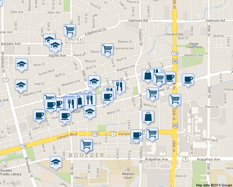 map of restaurants, bars, coffee shops, grocery stores, and more near 2250 Spruce Street in Boulder