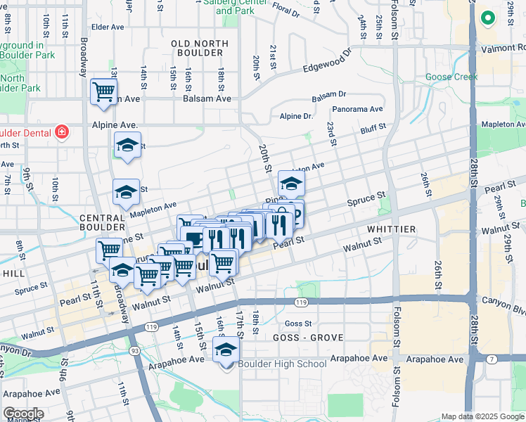 map of restaurants, bars, coffee shops, grocery stores, and more near 2136 19th Street in Boulder