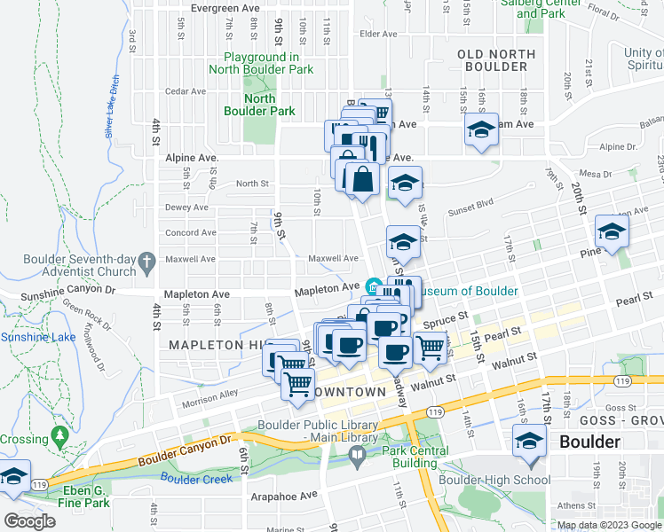 map of restaurants, bars, coffee shops, grocery stores, and more near 1020 Maxwell Avenue in Boulder