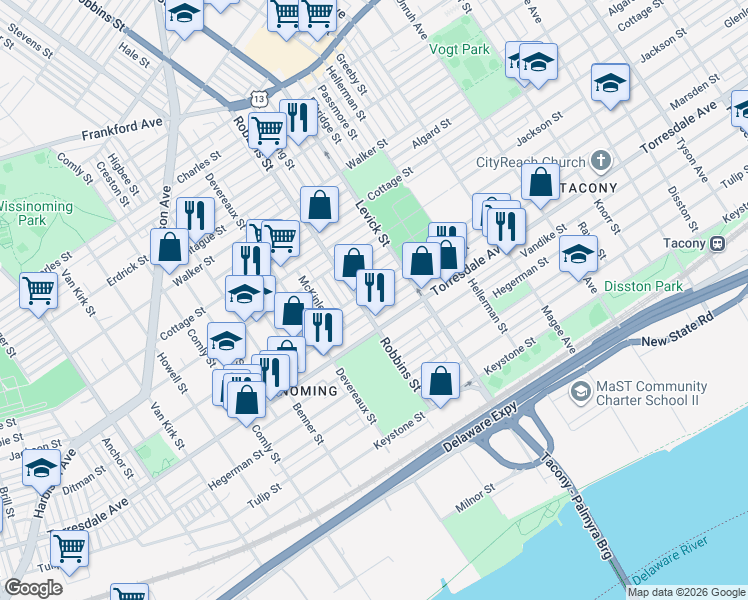 map of restaurants, bars, coffee shops, grocery stores, and more near 6312 Marsden Street in Philadelphia