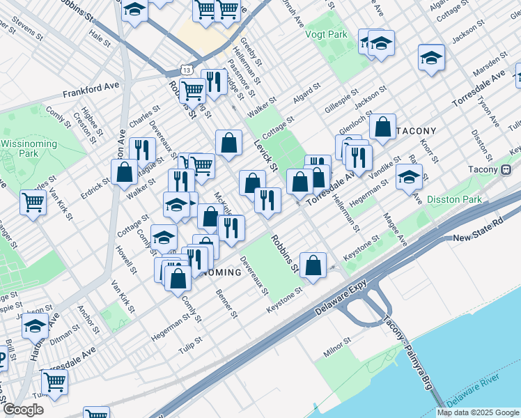 map of restaurants, bars, coffee shops, grocery stores, and more near 6312 Marsden Street in Philadelphia