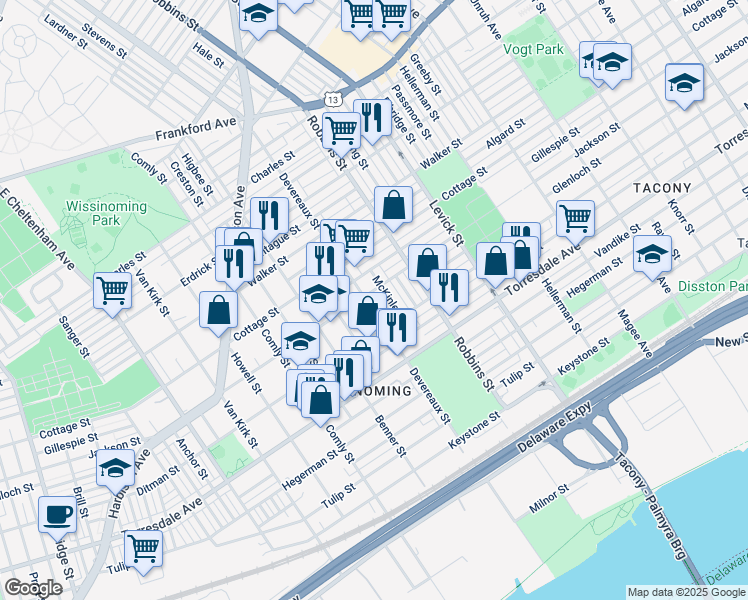 map of restaurants, bars, coffee shops, grocery stores, and more near 4507 Devereaux Street in Philadelphia