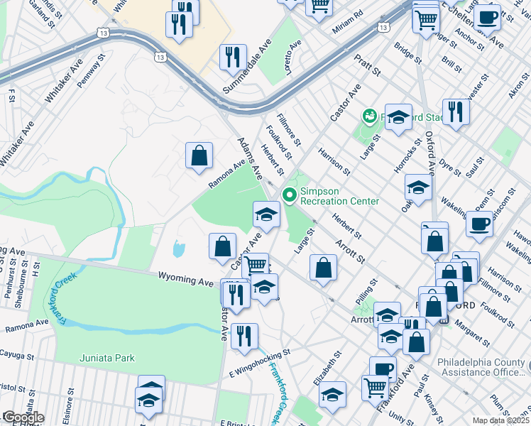 map of restaurants, bars, coffee shops, grocery stores, and more near 4662 Castor Avenue in Philadelphia