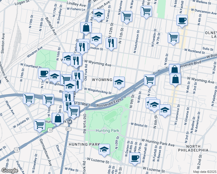 map of restaurants, bars, coffee shops, grocery stores, and more near 4525 North Marvine Street in Philadelphia